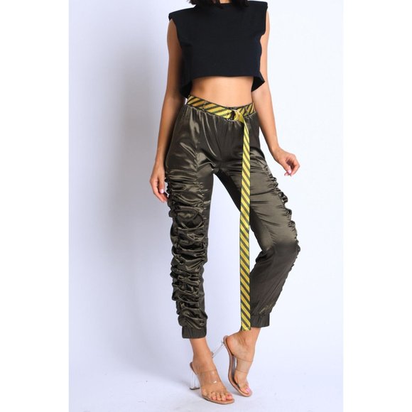 Women's Casual Satin Shirring Long Cuffed Pants With Belted Daily Outdoor Comfy - Picture 12 of 12